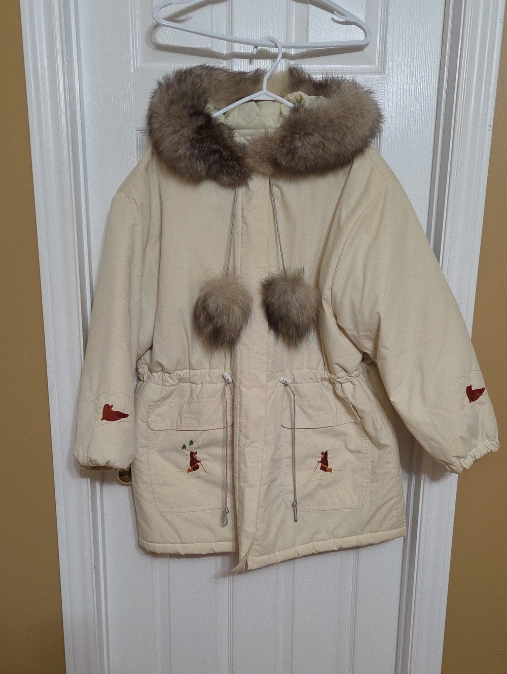 Handmade Cream Real Fur Trim Parka with Pom Pom Ties